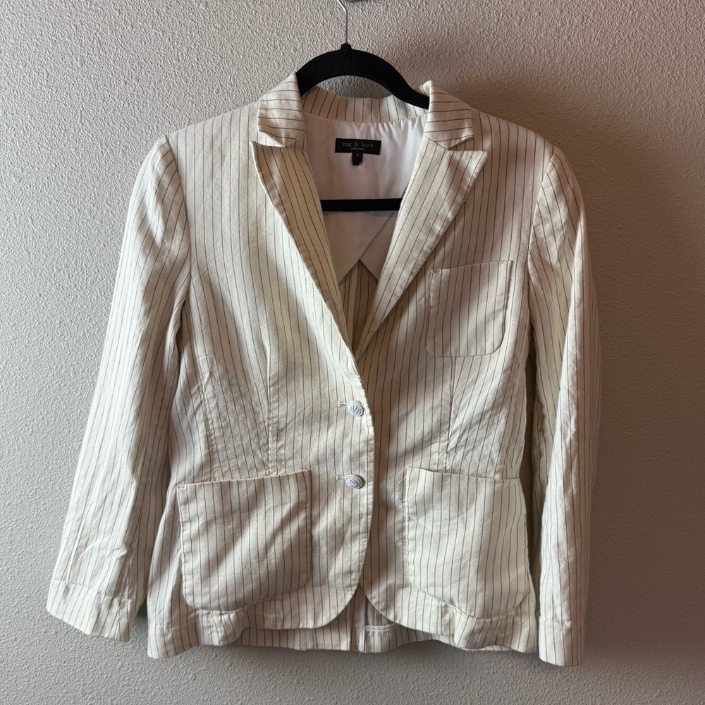 Rag & Bone Blazer Ivory Navy Pinstriped Linen Cotton Blend Business Casual Sz 6 - Picture 2 of 16